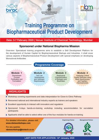 Training Programme on Biopharmaceutical Product Development at ICT, Mumbai from 3rd-7th February, 2020