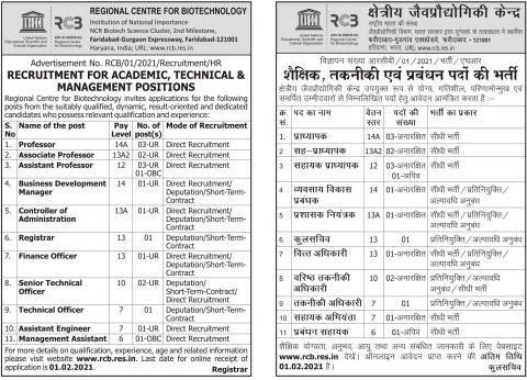 RCB Advertisement for Academic, Technical and Administrative Positions